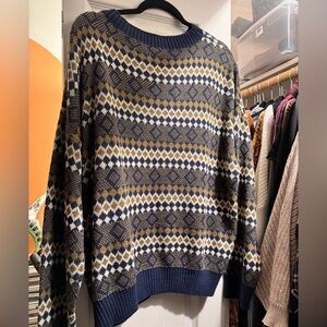 Unisex Navy and Brown Patterned Sweater